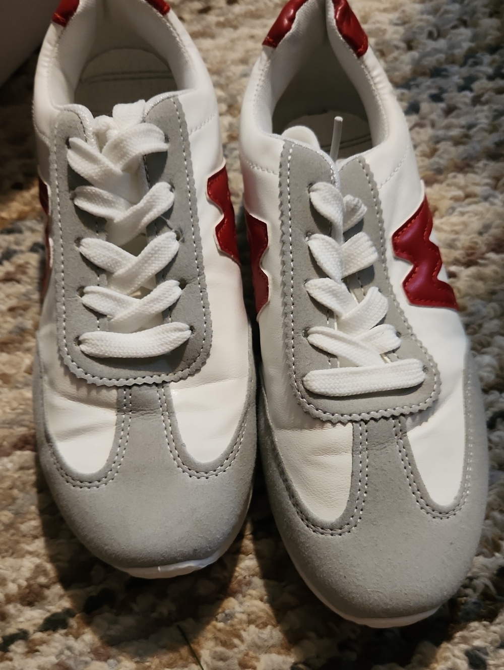 White & Gray Sneaker with Red Accent